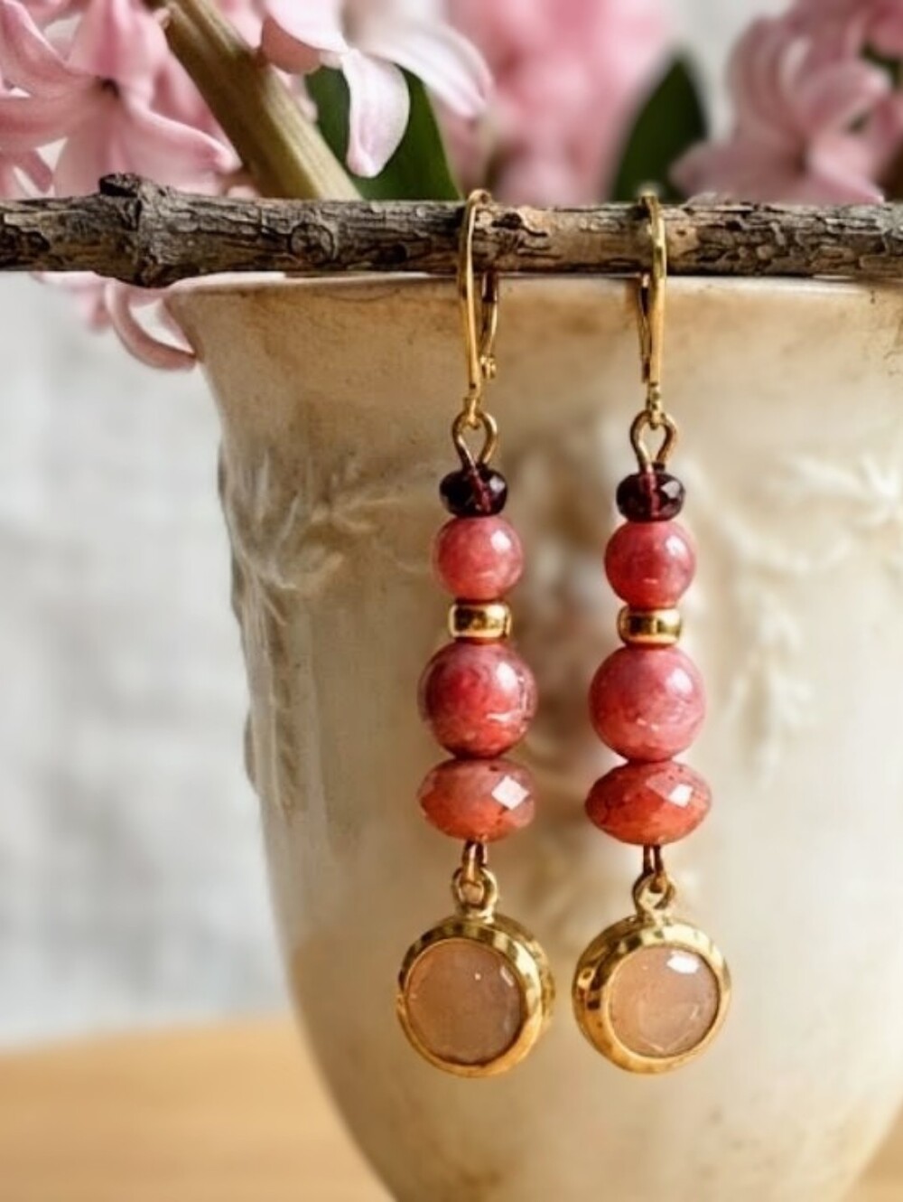 Pink Jade Stones In Drop Down Hammered Bezel Gold Plated Earrings